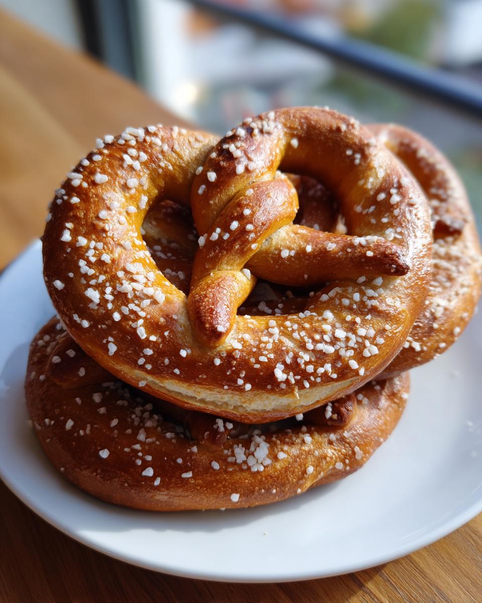 Close-up of two golden brown, freshly baked high-protein high-fiber pretzels sprinkled with coarse salt, resting on a white plate.