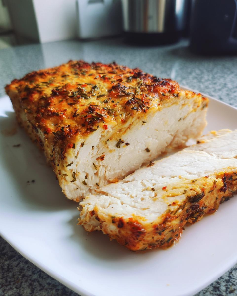 Close-up of a baked, seasoned high-protein low-calorie chicken breast loaf, sliced to show the moist interior.
