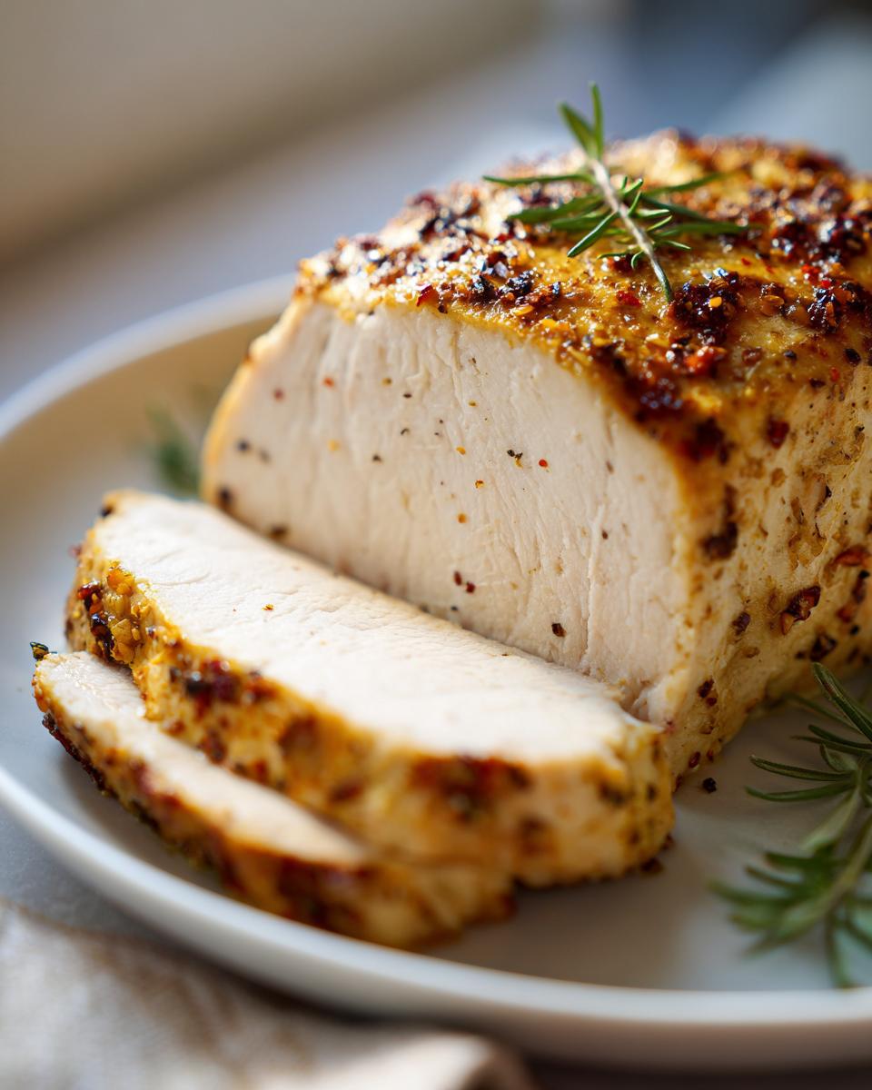 Close-up of a perfectly cooked, sliced high-protein low-calorie chicken breast roast seasoned with herbs.