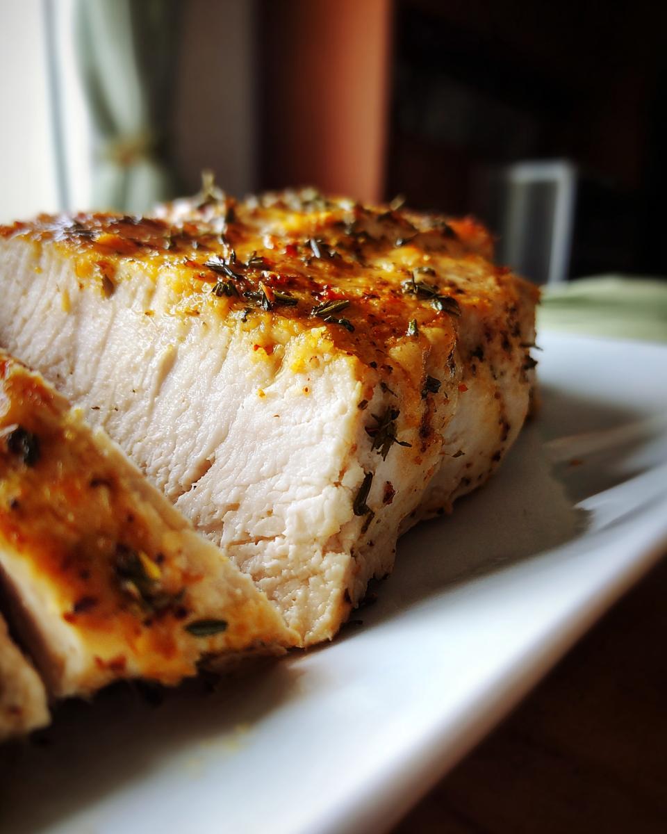Close-up of a perfectly cooked, thick slice of high-protein low-calorie chicken breast seasoned with herbs.