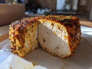 Cross-section of a seasoned, roasted high-protein low-calorie chicken breast showing moist white meat.