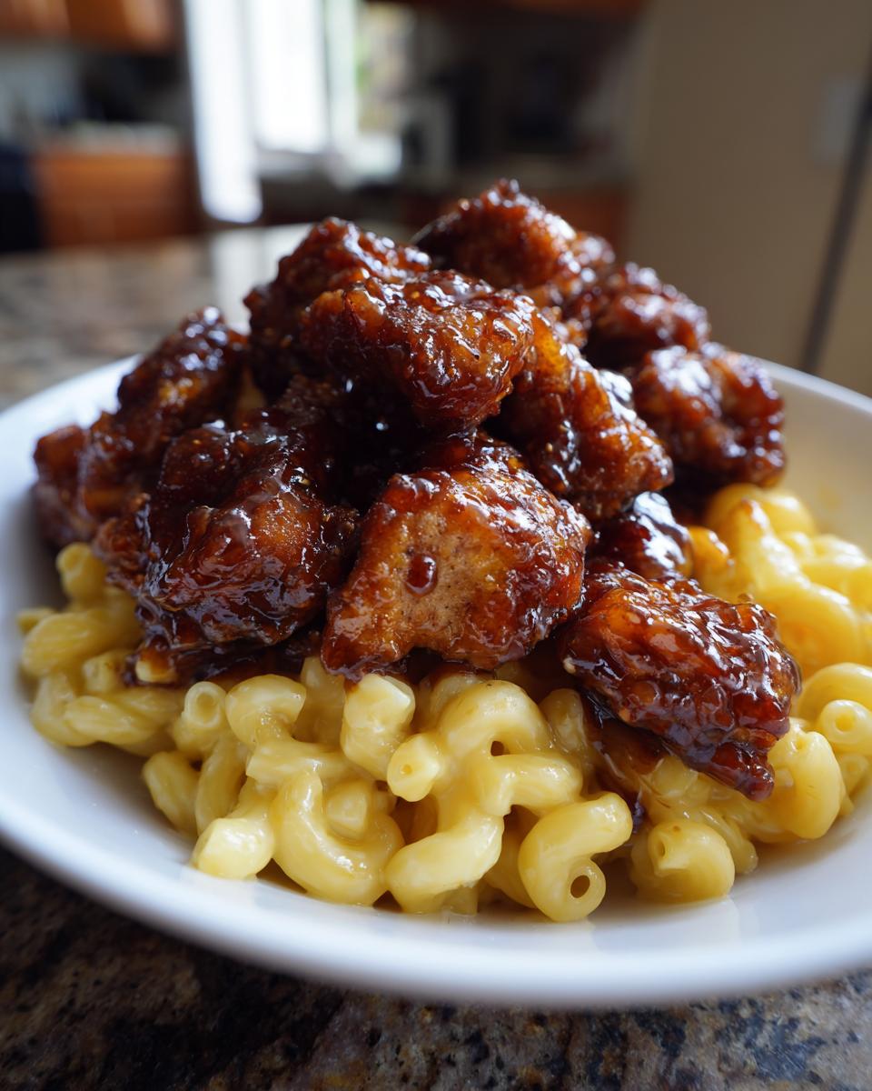 Close-up of glazed honey pepper chicken pieces piled on top of creamy macaroni and cheese in a white bowl.