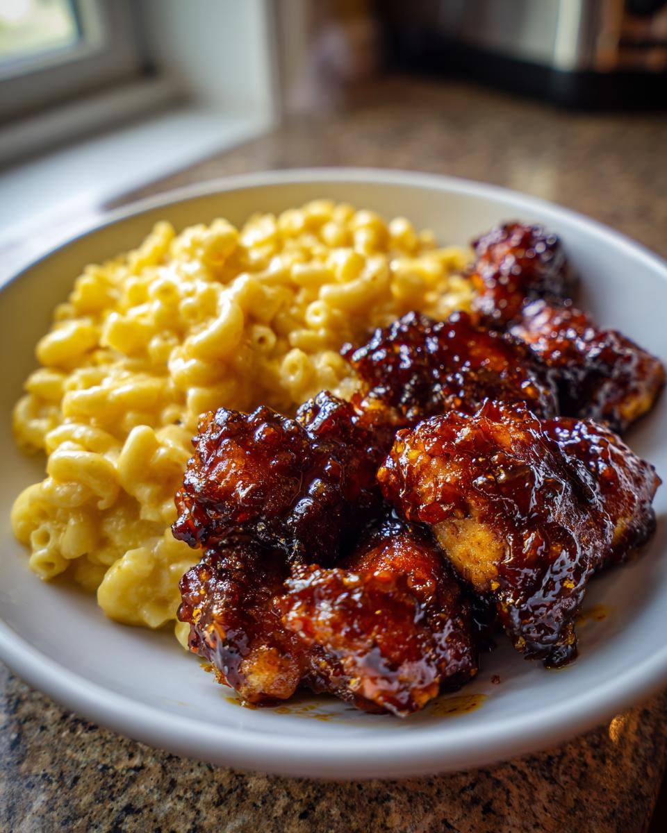 A plate featuring sticky, dark glazed honey pepper chicken pieces served alongside creamy macaroni and cheese.