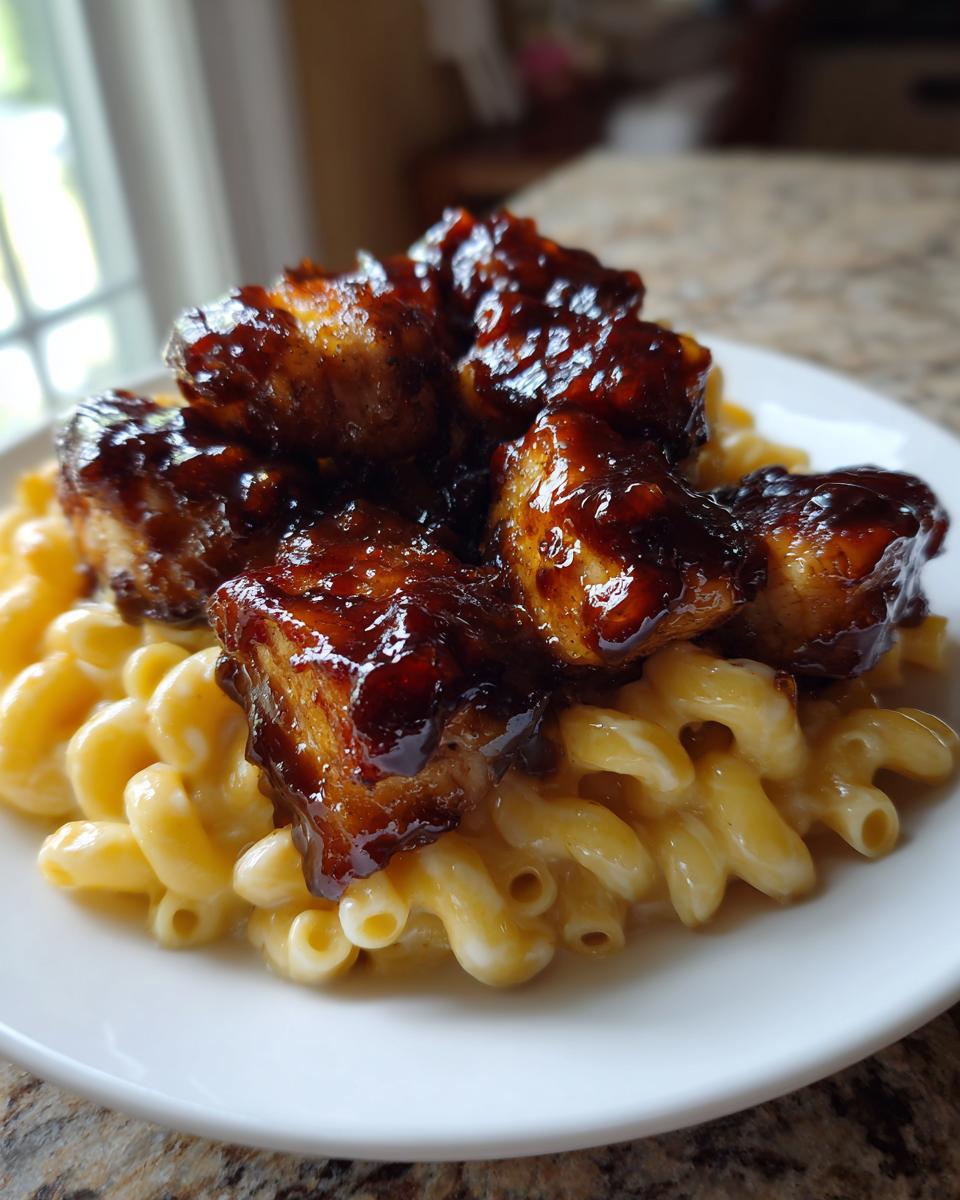 Close-up of glazed honey pepper chicken pieces served atop creamy macaroni and cheese on a white plate.