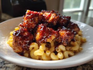 Close-up of crispy honey pepper chicken pieces generously coated in a dark, shiny glaze, served over creamy macaroni and cheese.