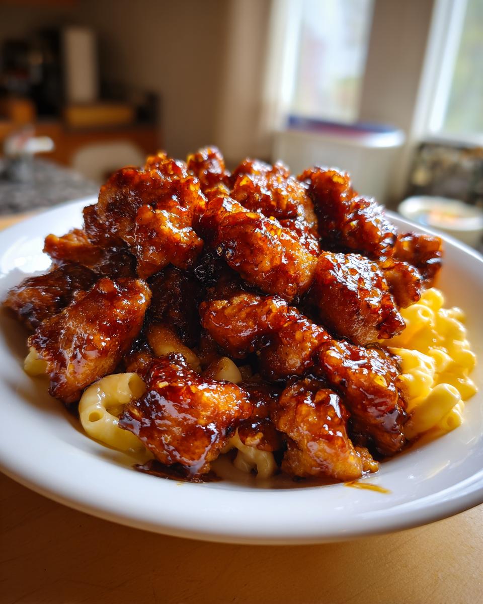 Close-up of glazed honey pepper chicken pieces piled high over creamy macaroni and cheese in a white bowl.