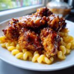 Crispy pieces of honey pepper chicken covered in a thick, dark glaze served over creamy macaroni pasta.