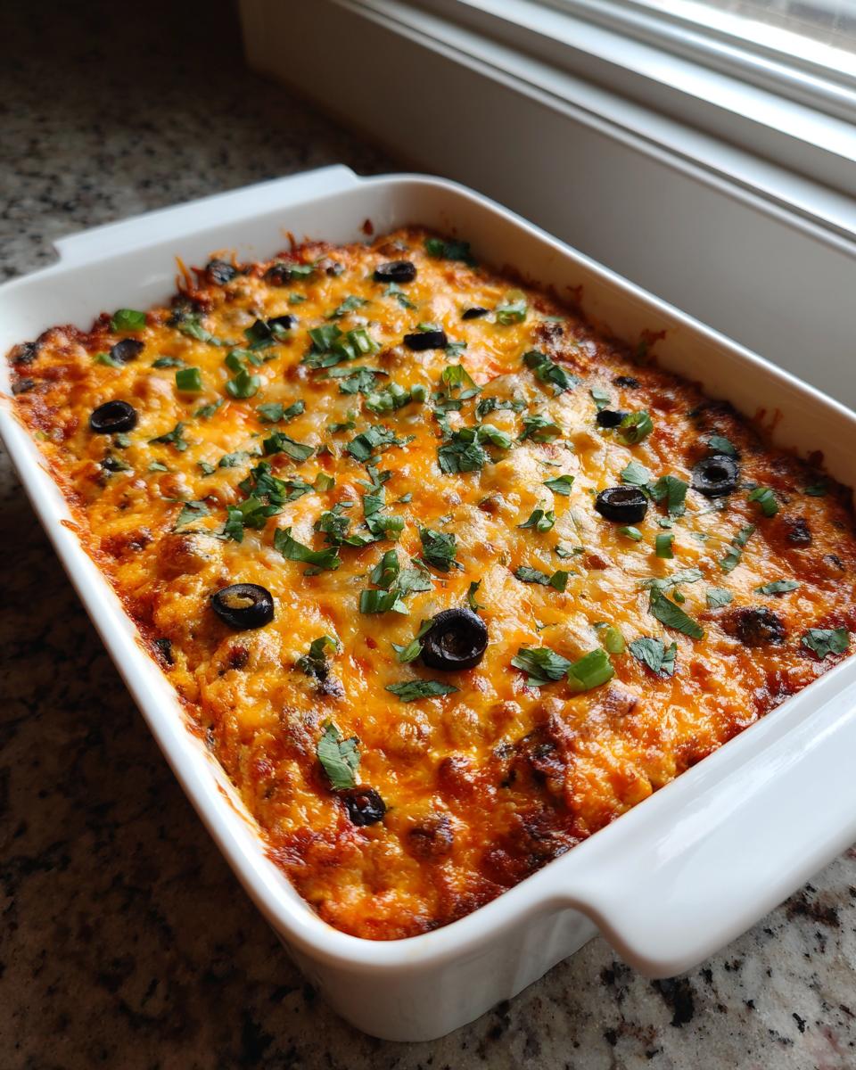 A freshly baked, bubbling texas trash dip topped with melted cheddar cheese, black olives, and green onions.
