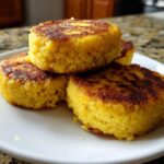 Close-up of four golden brown, round hot water cornbread patties stacked on a white plate.