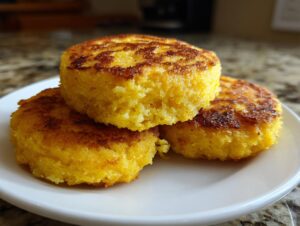 Three golden-brown, thick rounds of hot water cornbread stacked on a white plate.