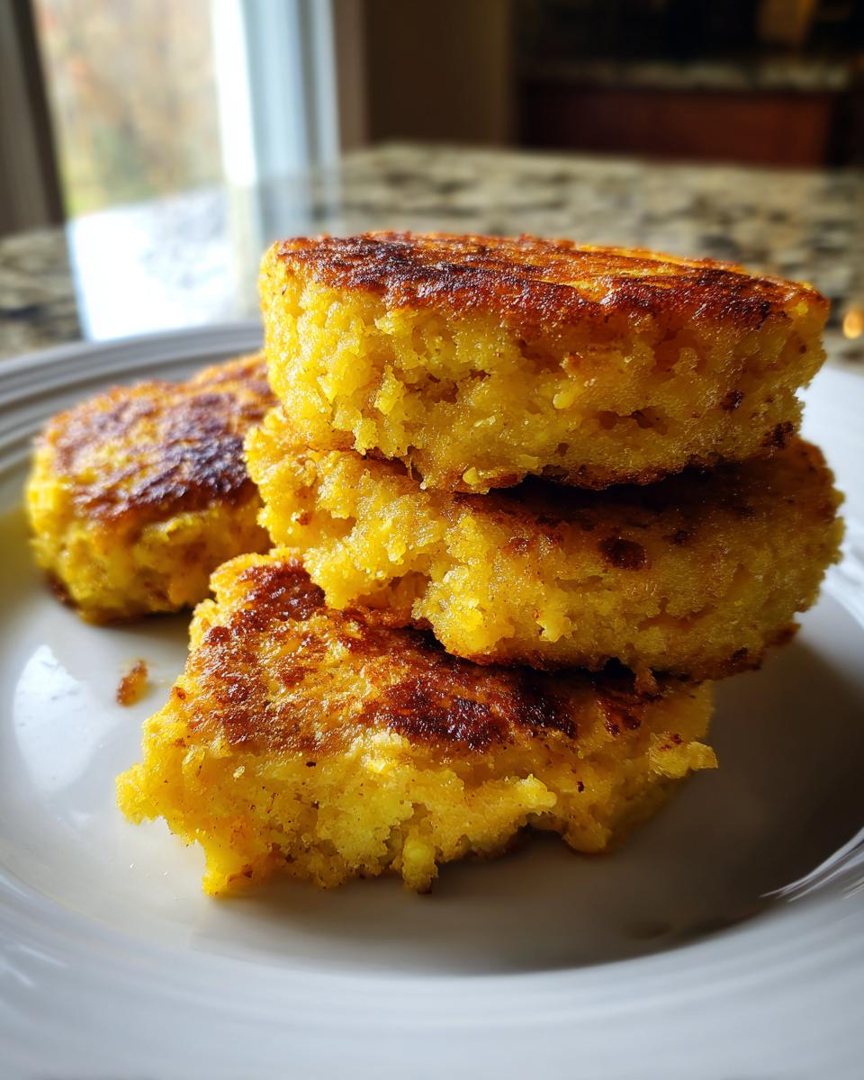 A stack of four golden brown, freshly cooked hot water cornbread rounds on a white plate.