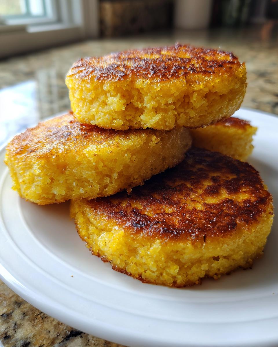 Close-up of four golden brown, round pieces of hot water cornbread stacked on a white plate.