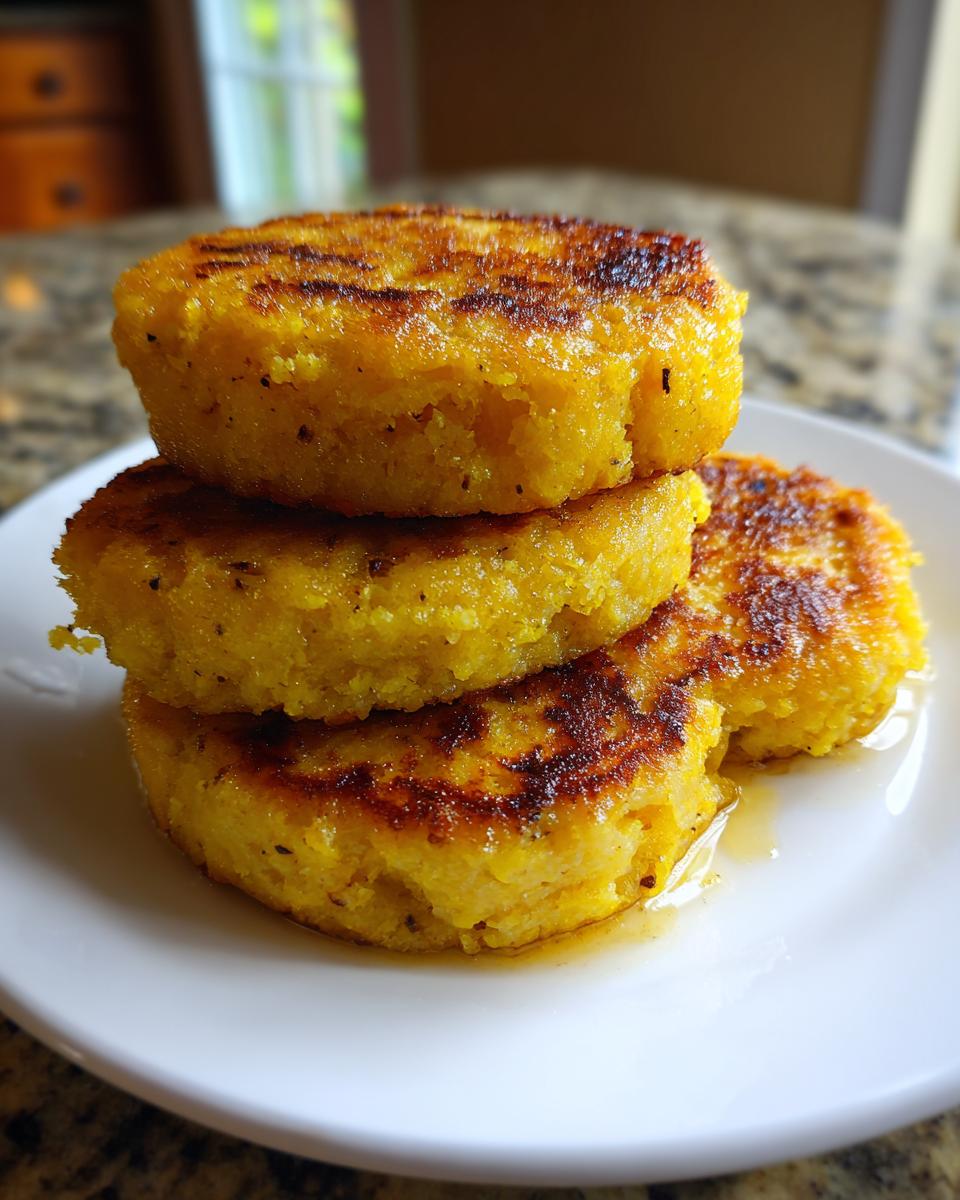 A stack of three golden brown hot water cornbread cakes drizzled with honey on a white plate.