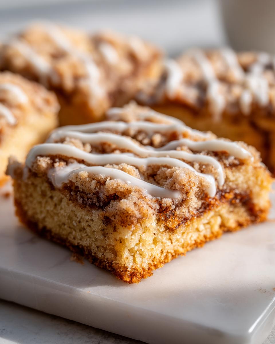 A close-up view of a square of coffee cake cookies topped with cinnamon streusel and white icing drizzle.