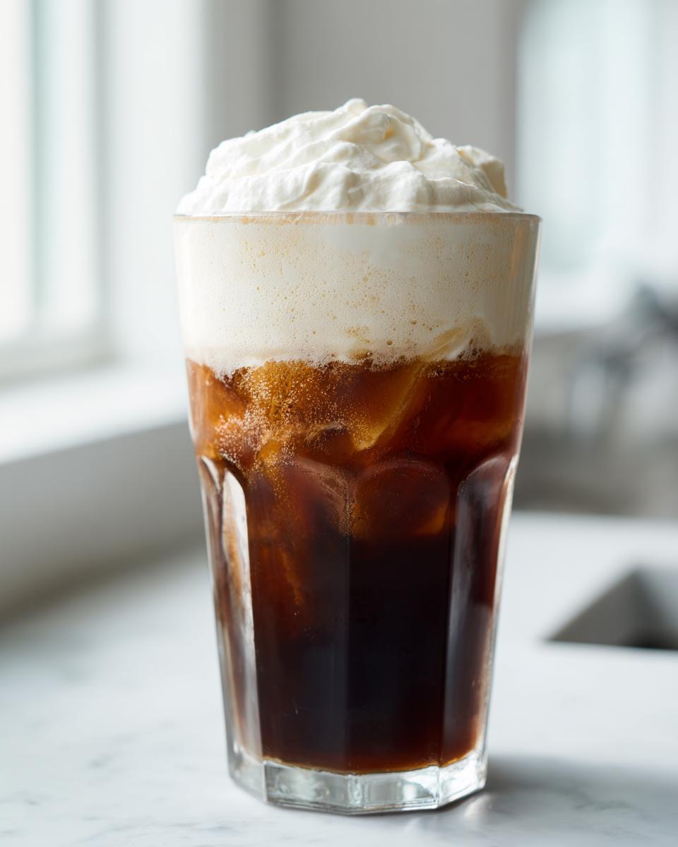 Tall glass of iced coffee topped with a layer of airy cold foam and whipped cream.