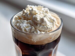 Close-up of an iced coffee beverage topped with a generous layer of thick, white cold foam.