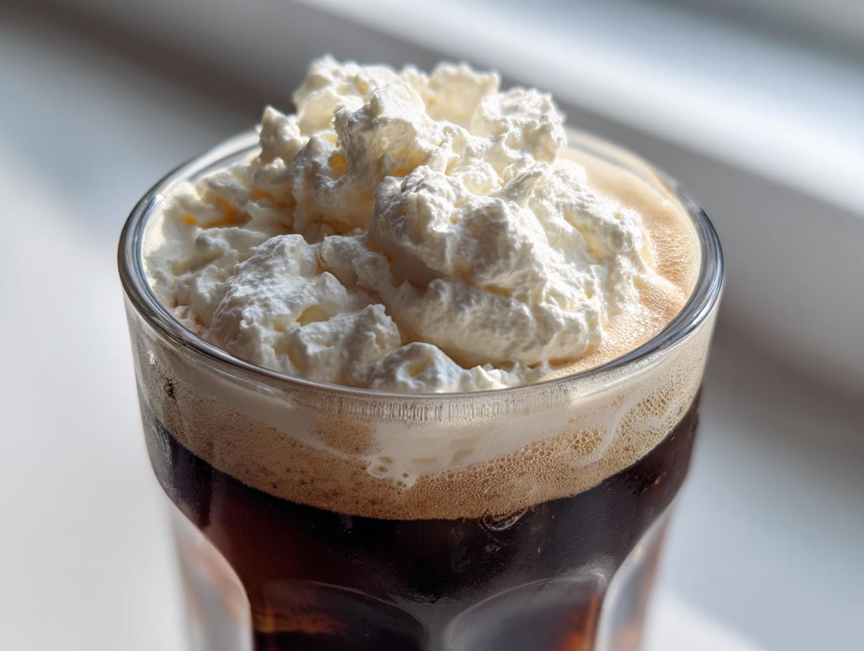 Close-up of an iced coffee beverage topped with a generous layer of thick, white cold foam.