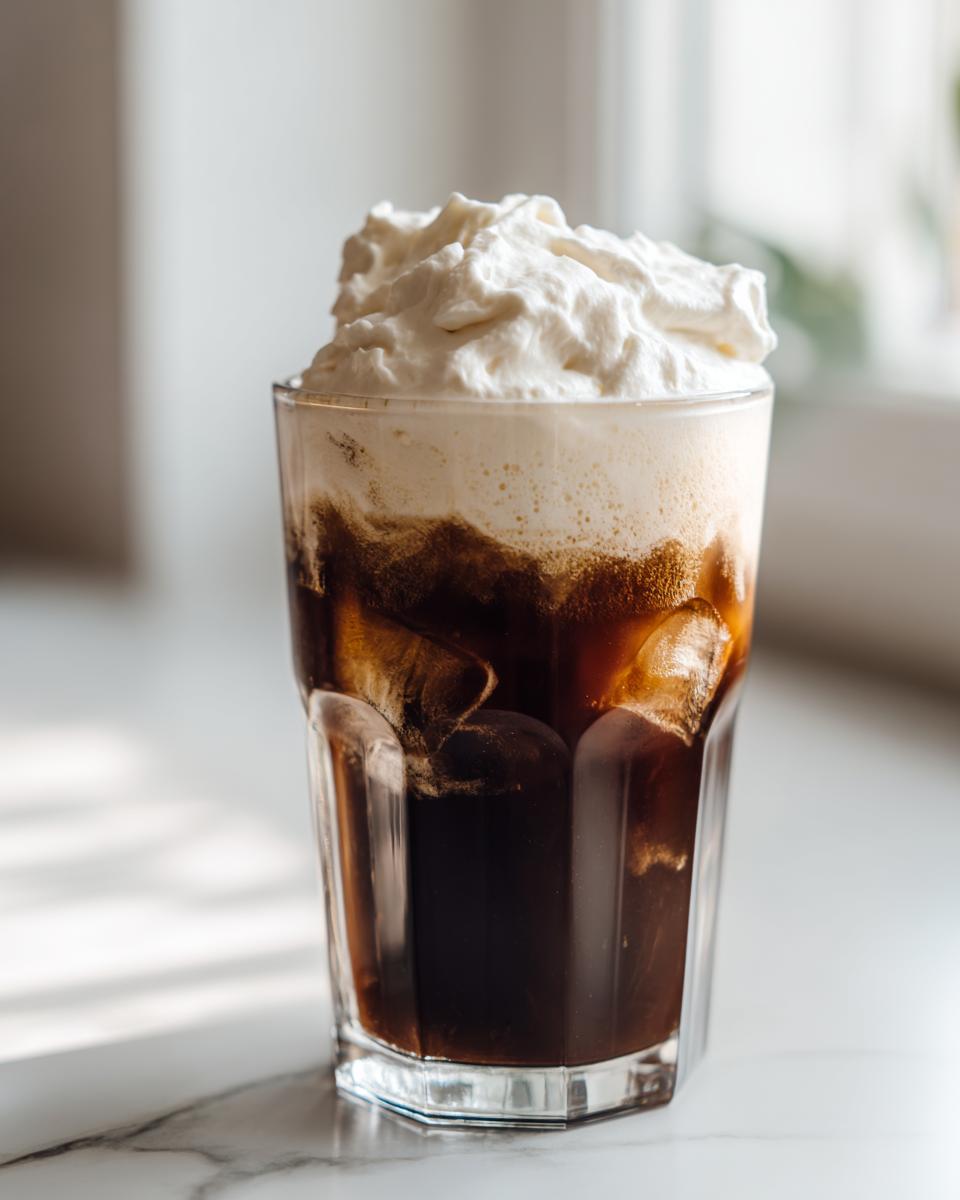 Close-up of iced coffee topped with a generous layer of thick, white cold foam.