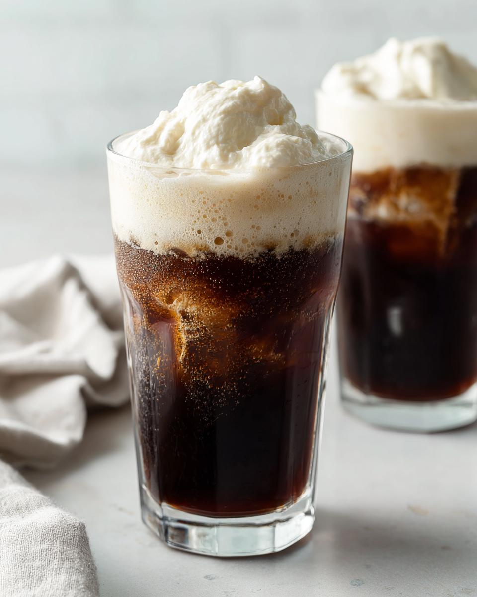Close-up of a glass filled with dark iced coffee topped generously with thick, creamy cold foam.