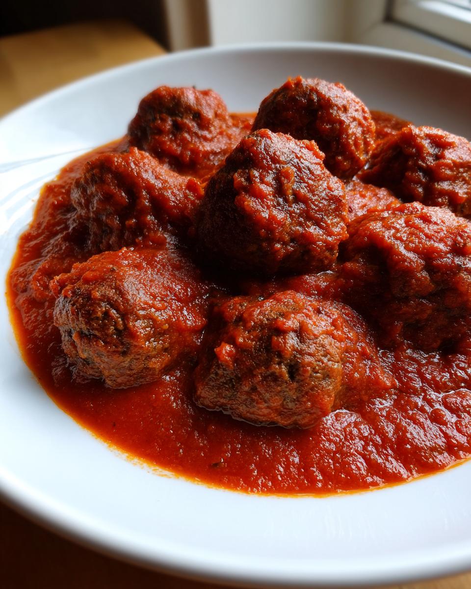 A close-up shot of several rich, savory Italian meatballs swimming in a thick, vibrant red tomato sauce, served in a white bowl.