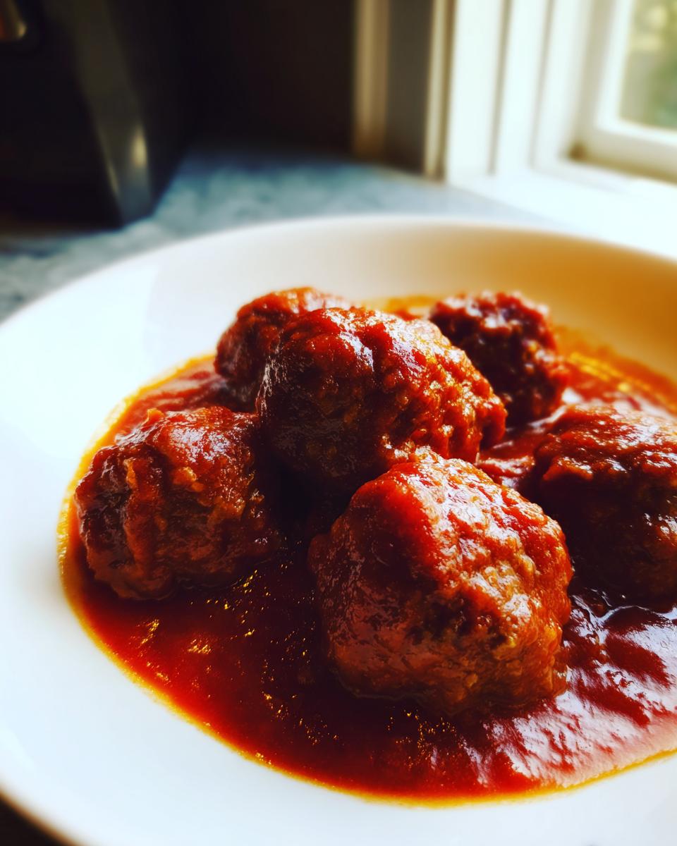 Close-up of several plump italian meatballs fully coated and simmering in a vibrant, thick red tomato sauce in a white bowl.