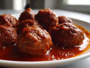 Close-up of several plump italian meatballs generously coated in a rich, deep red tomato sauce on a white plate.