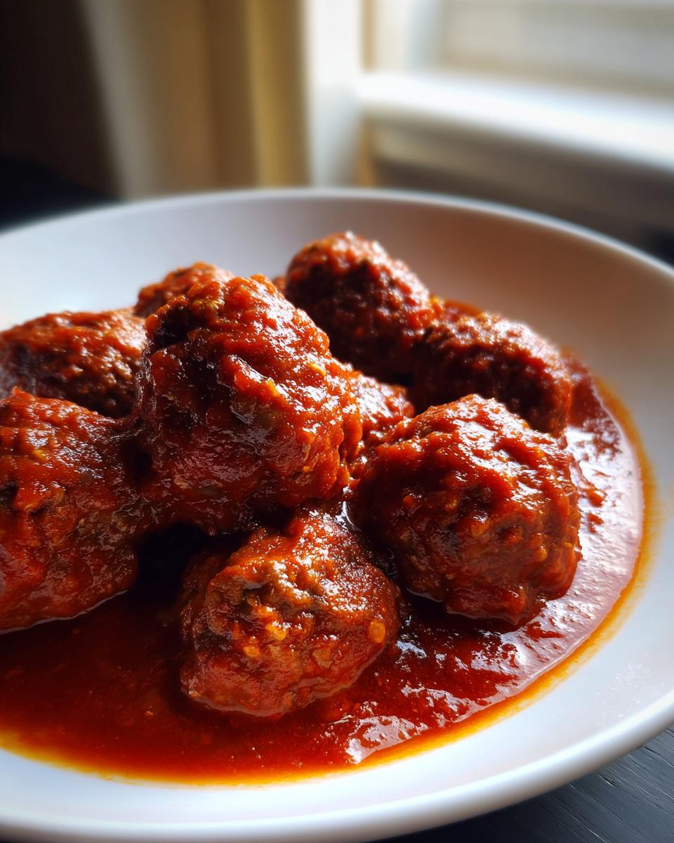 Close-up of several large, rich Italian meatballs covered in thick, vibrant red tomato sauce in a white bowl.