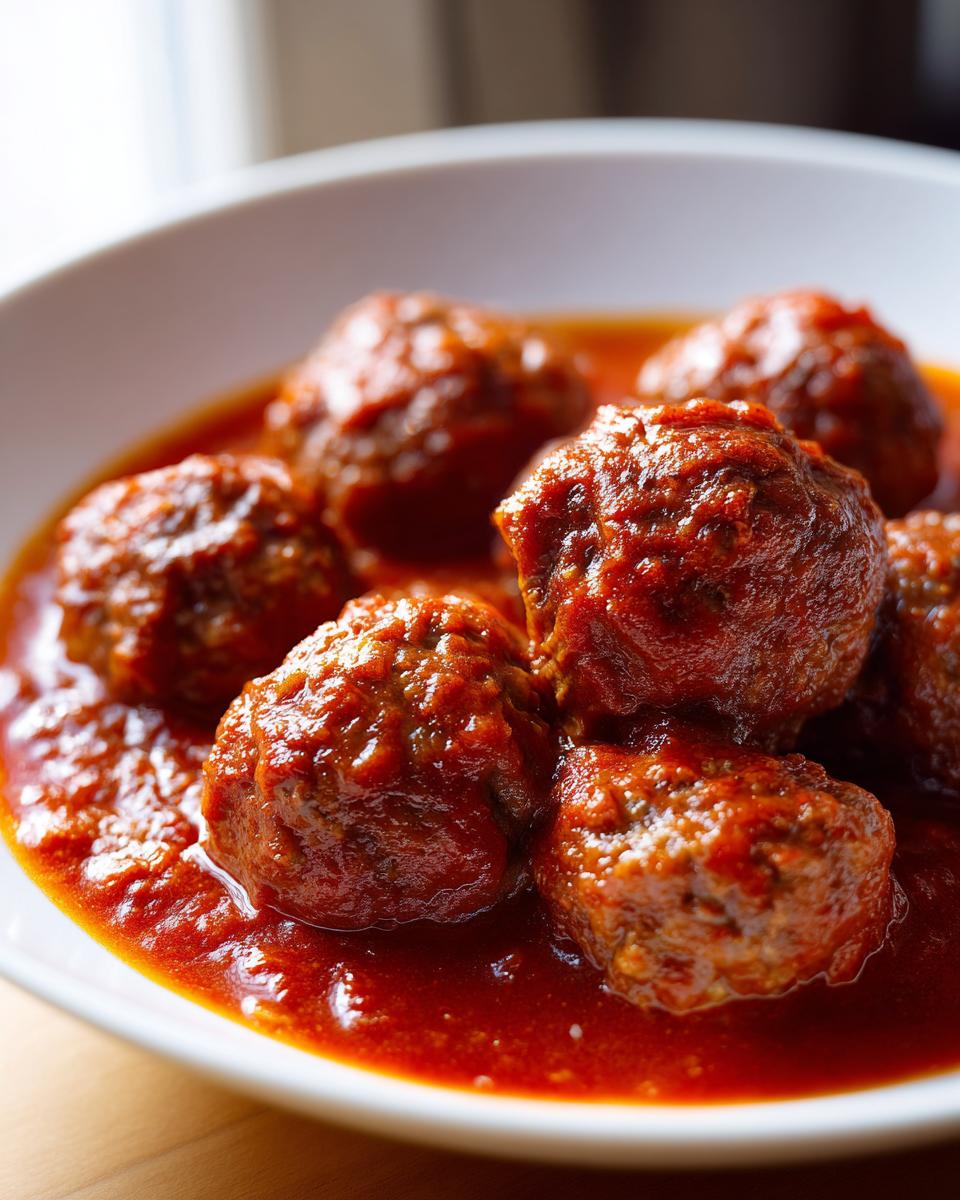 Close-up of several juicy Italian meatballs simmering in a thick, vibrant red tomato sauce in a white bowl.