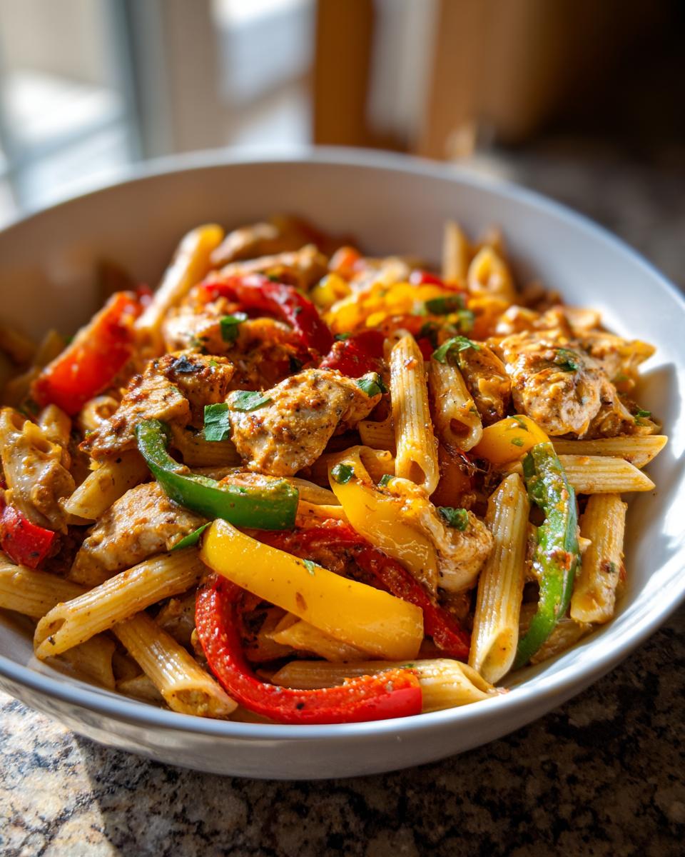 Close-up of a bowl of Jamaican Rasta Pasta featuring penne, seasoned chicken, and bright red, yellow, and green bell peppers.