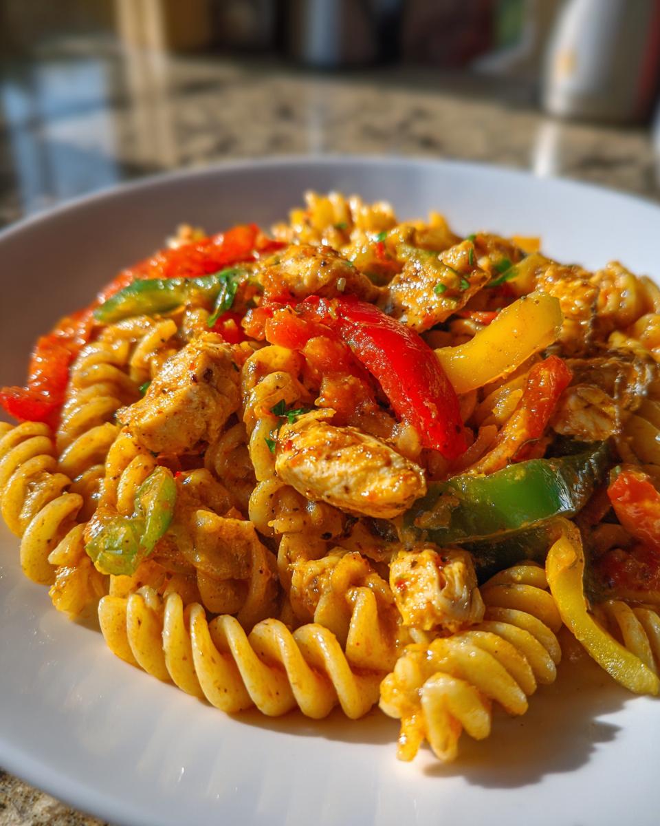 A close-up serving of creamy Jamaican Rasta Pasta featuring rotini pasta, seasoned chicken pieces, and colorful bell peppers.