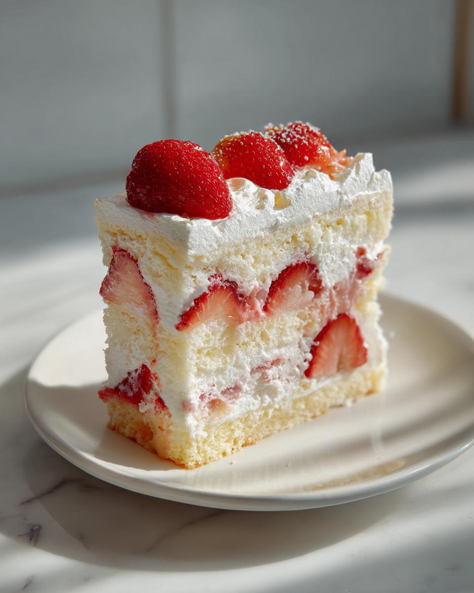 A tall slice of fluffy japanese strawberry shortcake with layers of sponge cake, cream, and fresh strawberries.