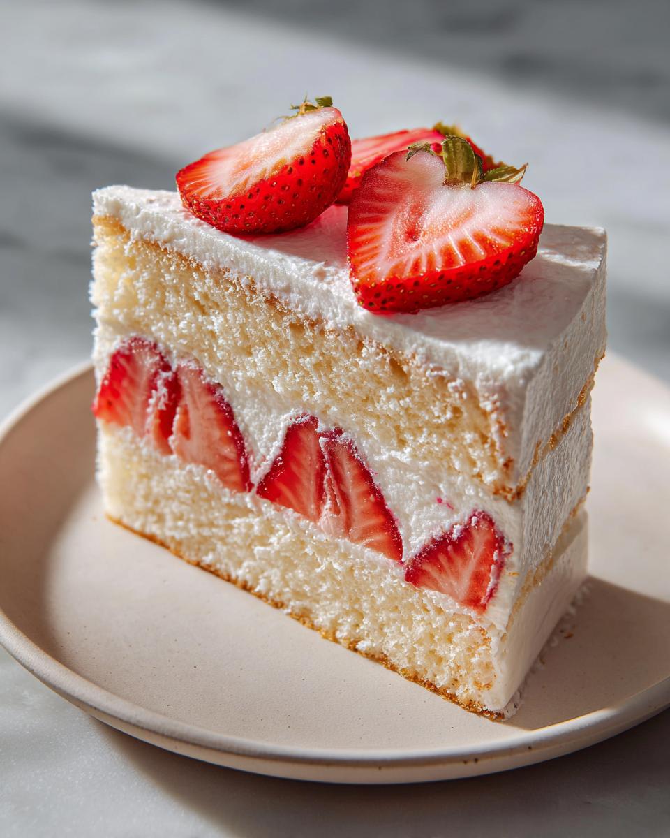 A perfect slice of japanese strawberry shortcake featuring layers of light sponge, whipped cream, and fresh sliced strawberries.