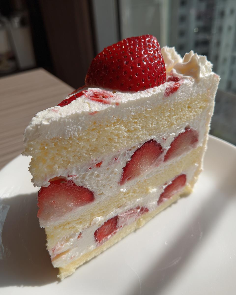A perfect slice of japanese strawberry shortcake featuring layers of light sponge cake, whipped cream, and fresh strawberries.