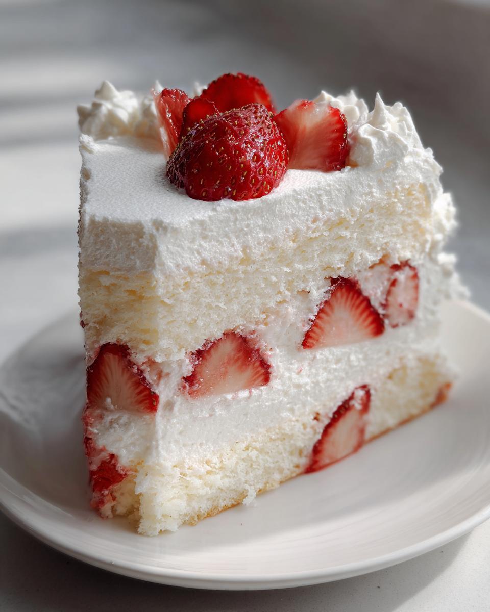 A perfect slice of japanese strawberry shortcake featuring layers of light sponge, whipped cream, and fresh strawberries.