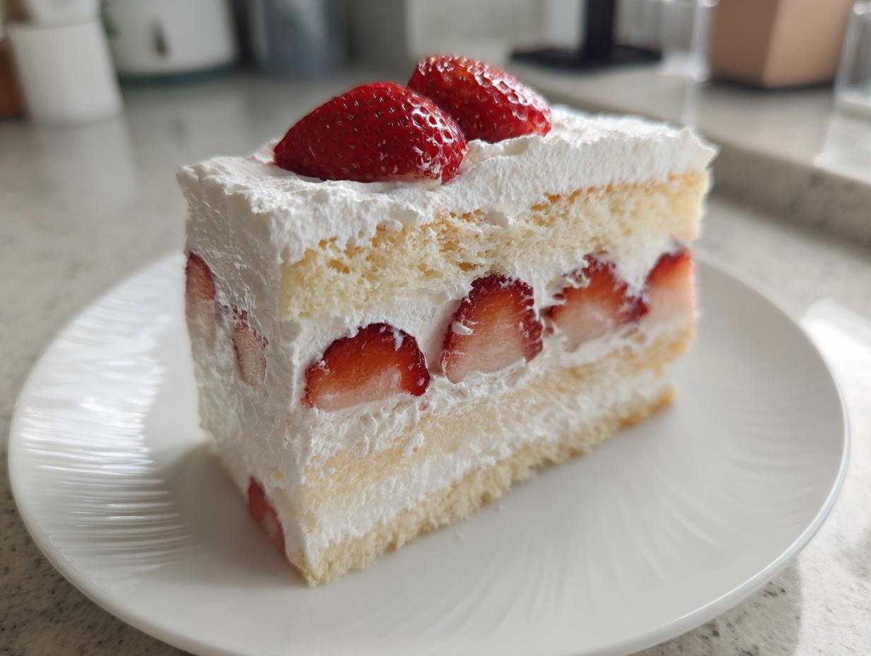 A perfect slice of japanese strawberry shortcake featuring layers of sponge cake, whipped cream, and fresh strawberries.