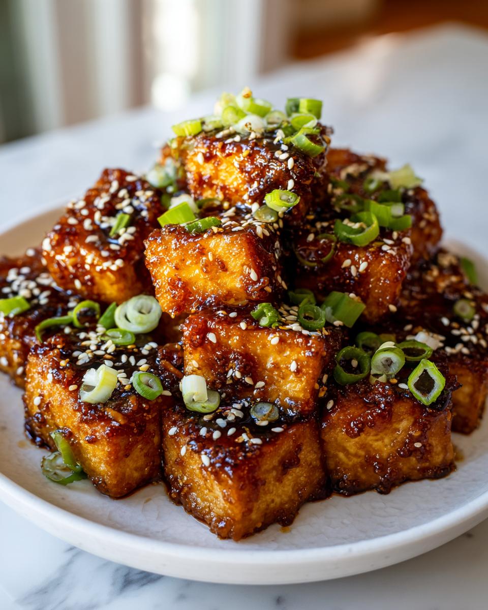 Close-up of crispy korean braised tofu cubes coated in a dark, glossy sauce and topped with sesame seeds and green onions.