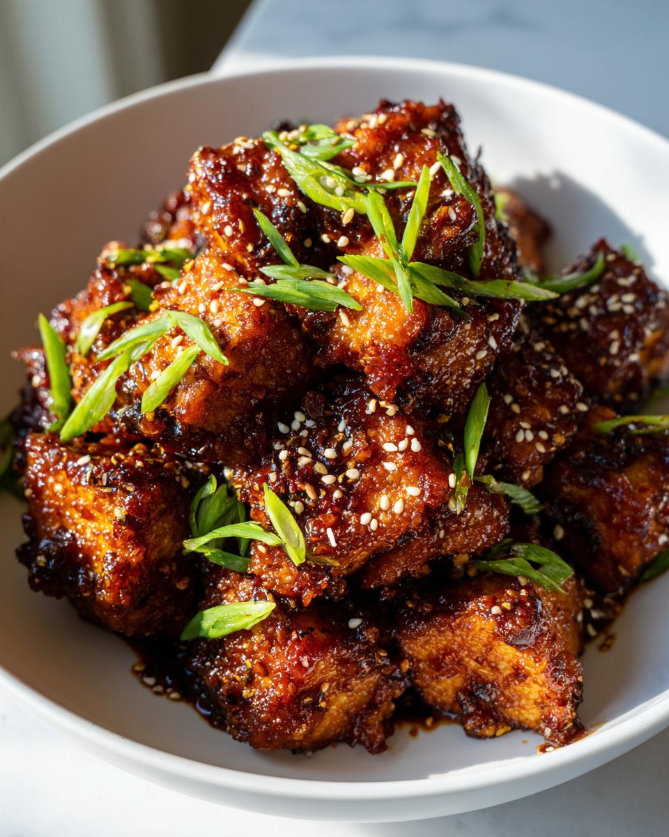 Close-up of glossy, dark glazed korean braised tofu pieces topped with sesame seeds and chopped green onions.