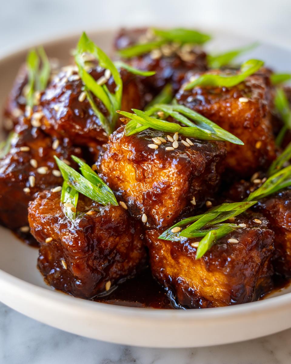 Close-up of crispy korean braised tofu cubes coated in a dark, glossy sauce, garnished with green onions and sesame seeds.
