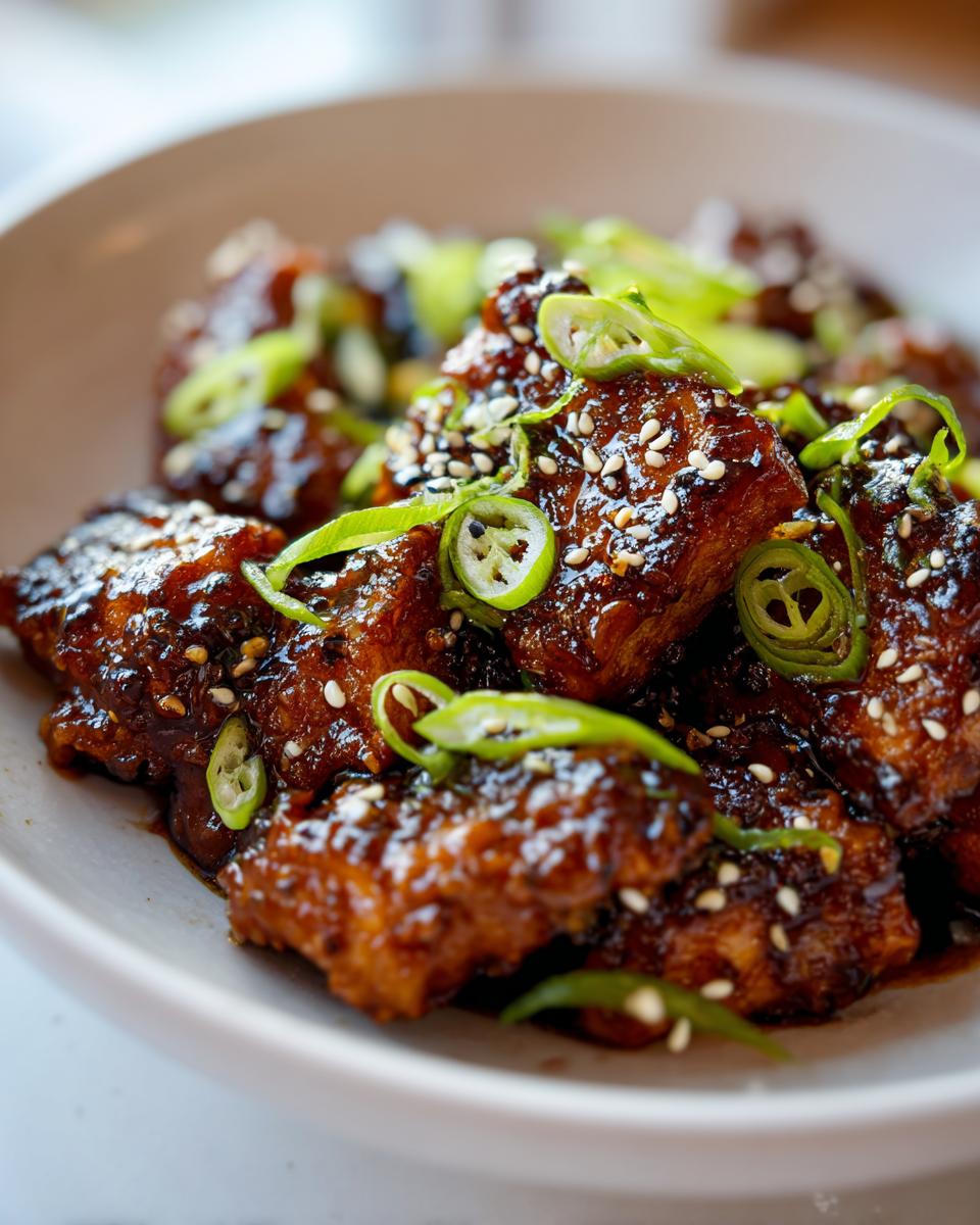 Close-up of glossy, dark glazed korean braised tofu pieces topped with sesame seeds and sliced green onions.