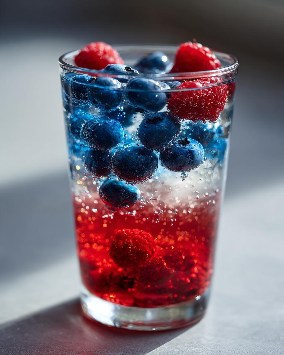 Close-up of a tall glass filled with patriotic punch layered with red liquid, clear sparkling water, and topped with blueberries and raspberries.