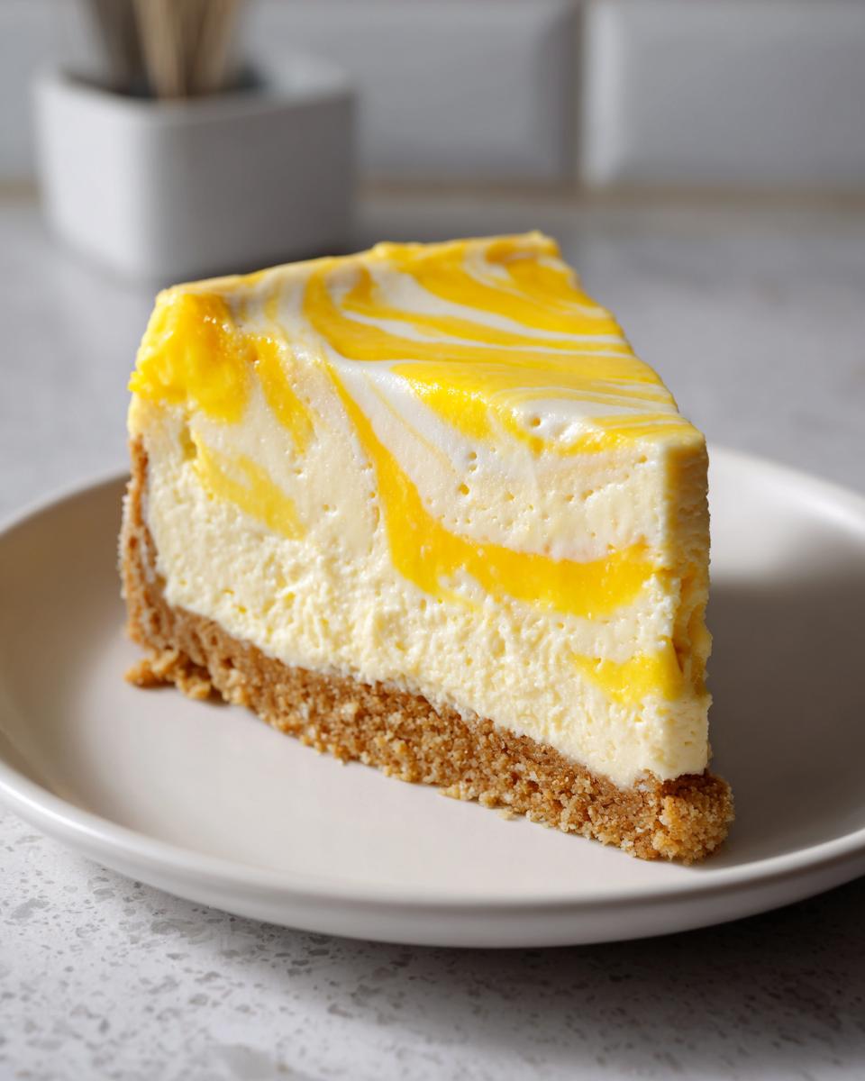A perfect slice of lemon curd cheesecake featuring a bright yellow swirl pattern on top of a graham cracker crust.