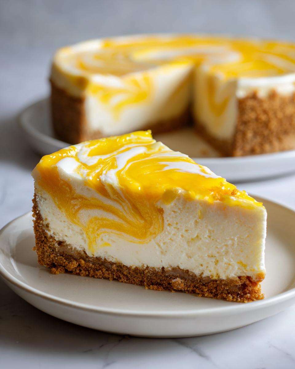 A perfect slice of lemon curd cheesecake featuring a graham cracker crust and a bright yellow swirl topping.
