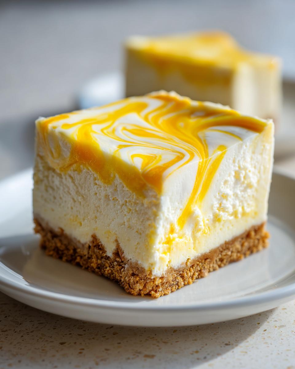A square slice of creamy lemon curd cheesecake featuring a vibrant yellow swirl topping on a graham cracker crust.