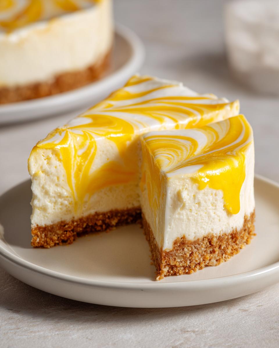 Two slices of creamy lemon curd cheesecake showing a graham cracker crust and a bright yellow lemon swirl pattern on top.