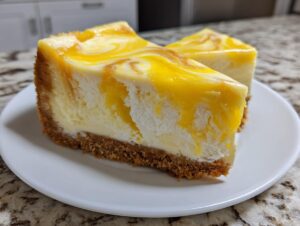 Two slices of creamy lemon curd cheesecake with a graham cracker crust and a bright yellow swirl topping.