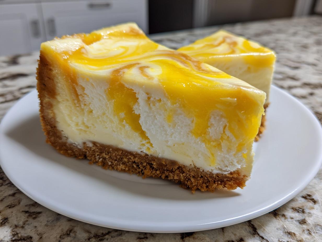 Two slices of creamy lemon curd cheesecake with a graham cracker crust and a bright yellow swirl topping.