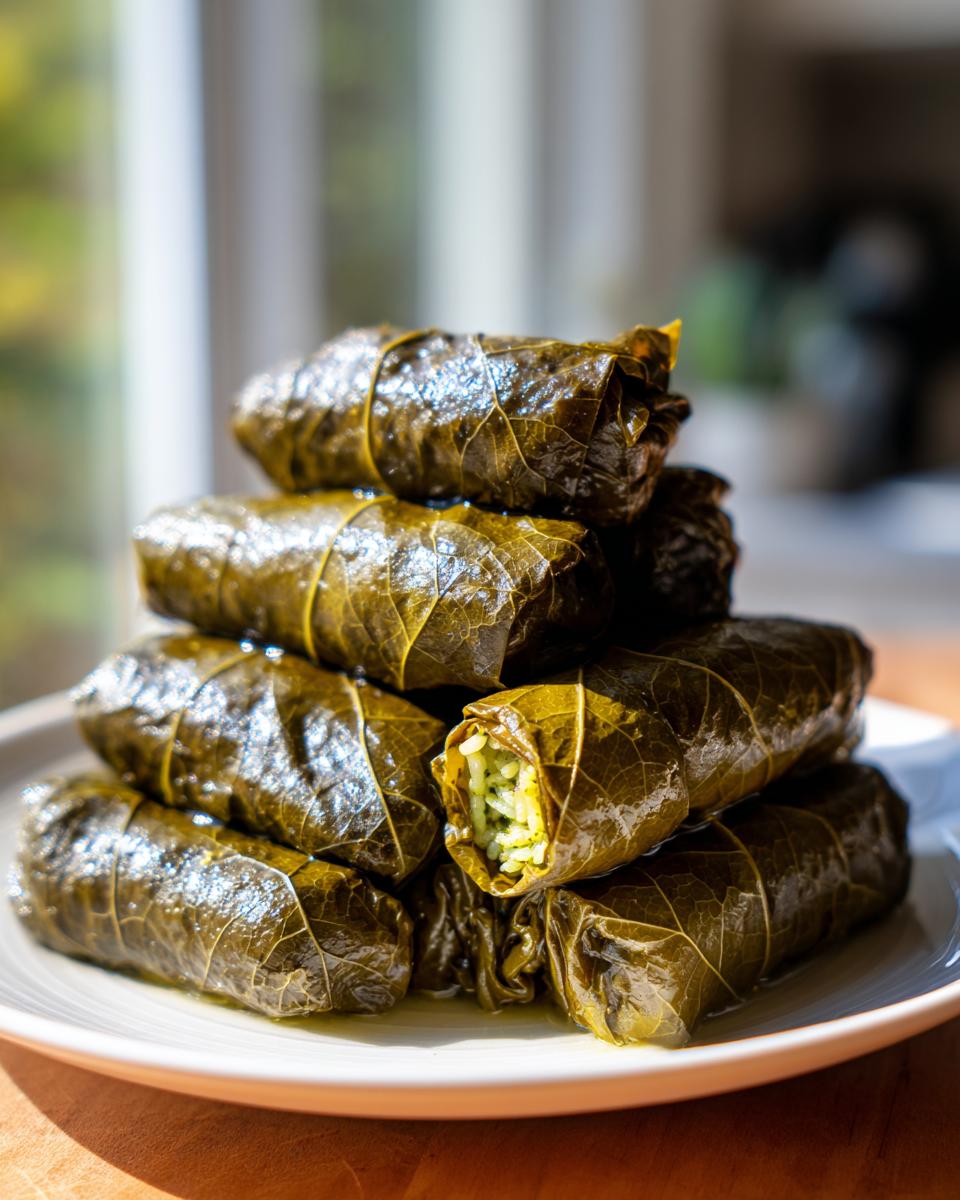 A stack of glistening, cooked lemony rice-stuffed grape leaves piled on a white plate, with one showing the rice filling.