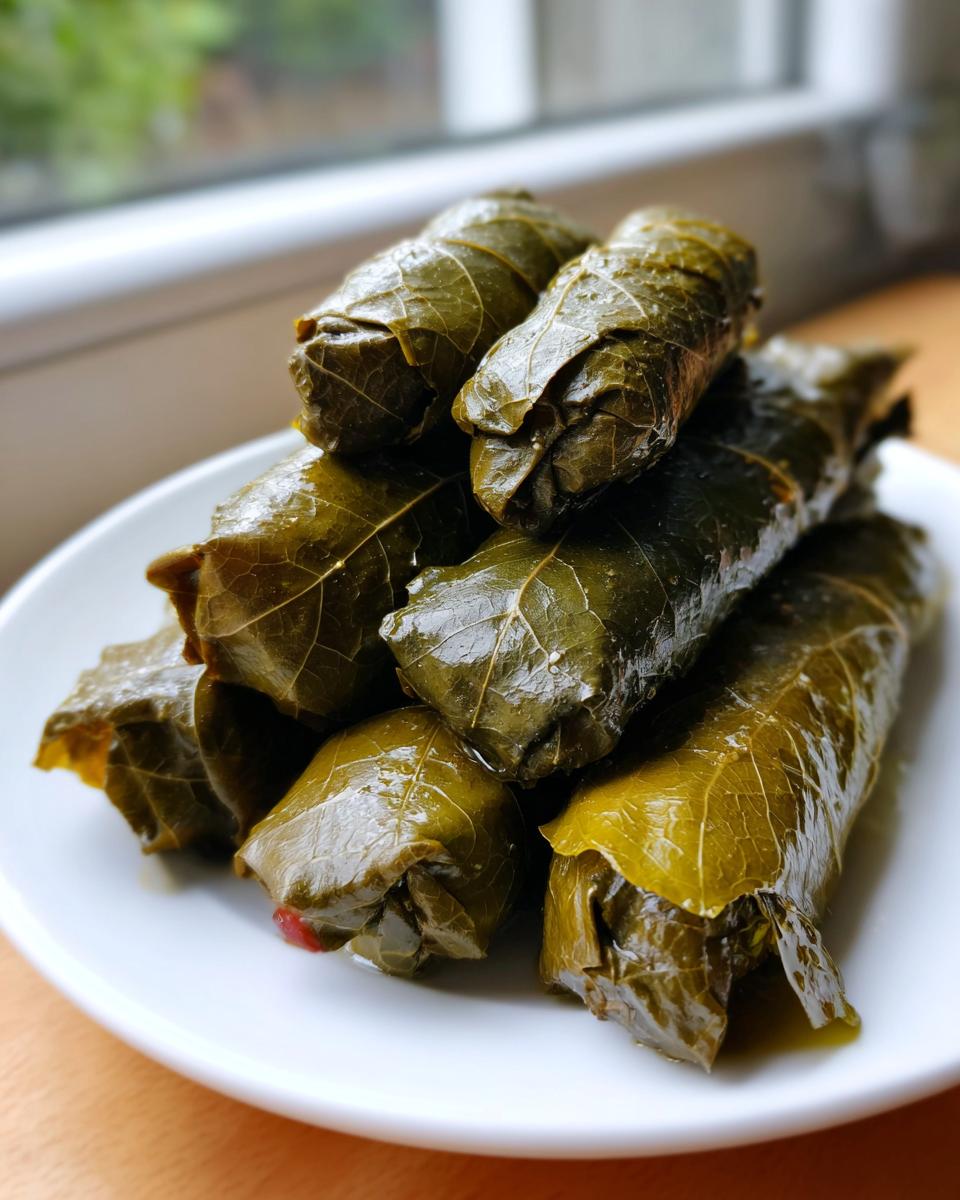 A stack of glossy, dark green lemony rice-stuffed grape leaves piled on a white plate near a window.