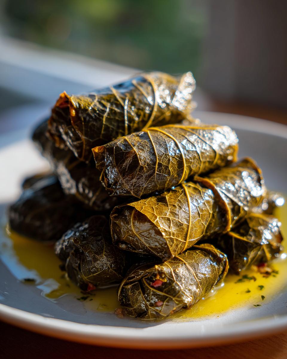 A close-up stack of glistening, savory lemony rice-stuffed grape leaves resting in olive oil on a white plate.