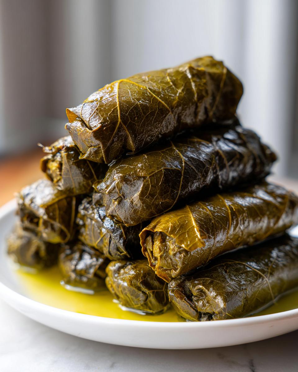 A close-up stack of freshly cooked lemony rice-stuffed grape leaves resting in bright yellow olive oil on a white plate.
